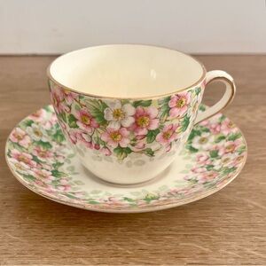 Crown Staffordshire "Maytime" Teacup & Saucer Floral Gold Bone China England Vtg